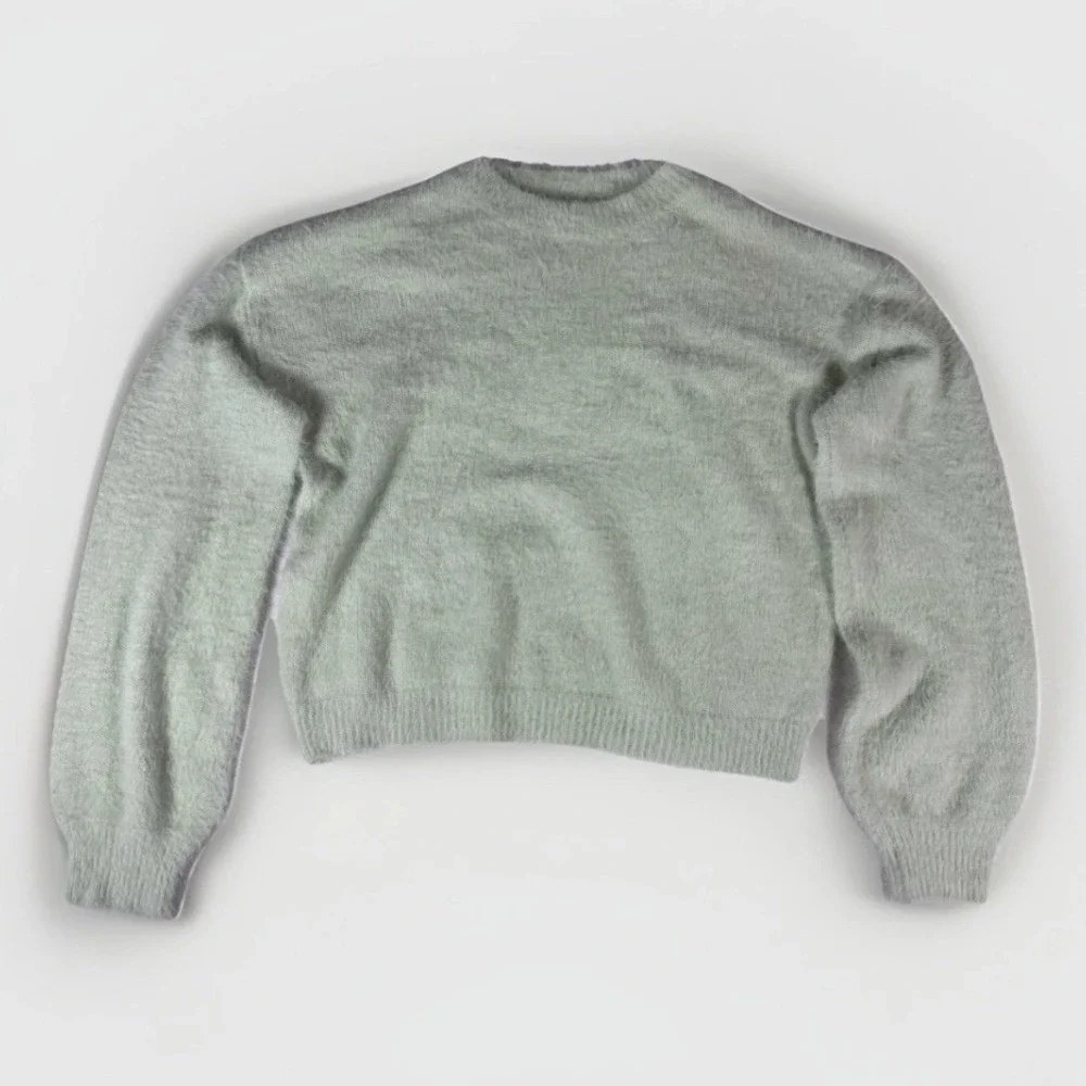 Nasty Gal Sweater Set Womens M Mint Green Fuzzy Eyelash Knit Wide Leg Loungewear